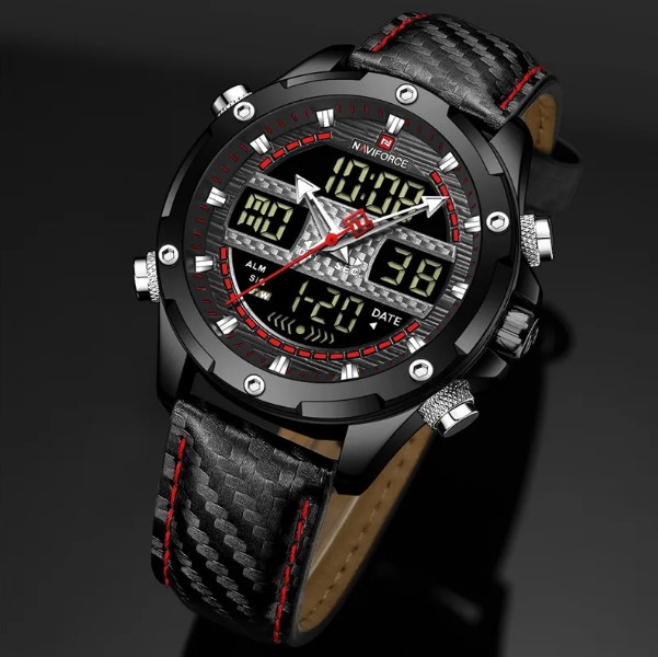 Picture of NAVIFORCE NF9194 Black PU Leather Dual Time Watch For Men - Black & Red