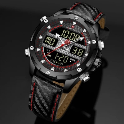 Picture of NAVIFORCE NF9194 Black PU Leather Dual Time Watch For Men - Black & Red