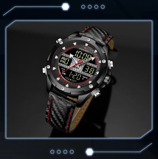 Picture of NAVIFORCE NF9194 Black PU Leather Dual Time Watch For Men - Black & Red