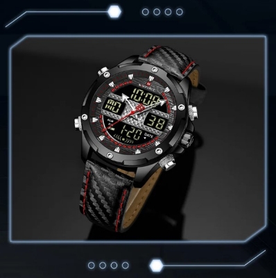 Picture of NAVIFORCE NF9194 Black PU Leather Dual Time Watch For Men - Black & Red