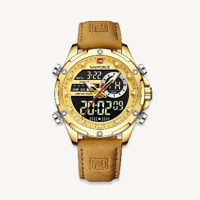 Picture of NAVIFORCE NF9208 Brown PU Leather Dual Time Watch For Men - Golden & Brown