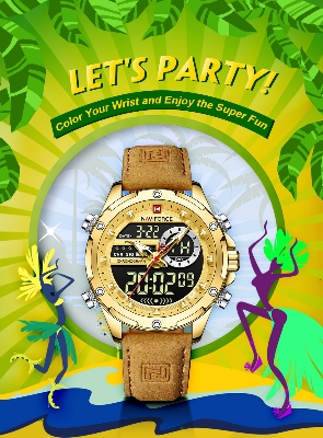 Picture of NAVIFORCE NF9208 Brown PU Leather Dual Time Watch For Men - Golden & Brown