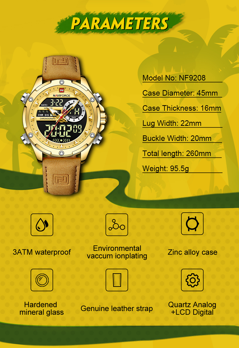 Picture of NAVIFORCE NF9208 Brown PU Leather Dual Time Watch For Men - Golden & Brown