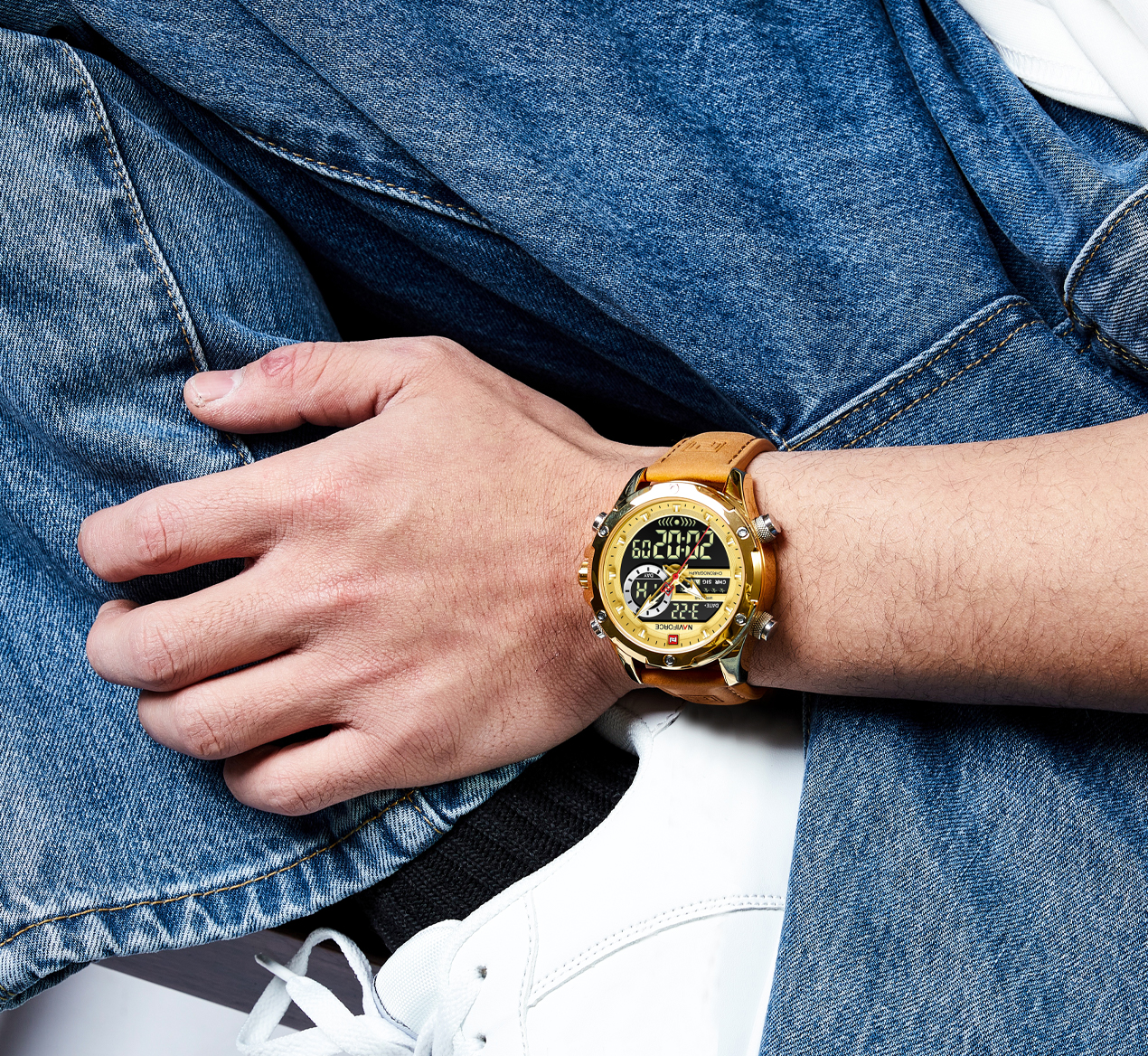 Picture of NAVIFORCE NF9208 Brown PU Leather Dual Time Watch For Men - Golden & Brown