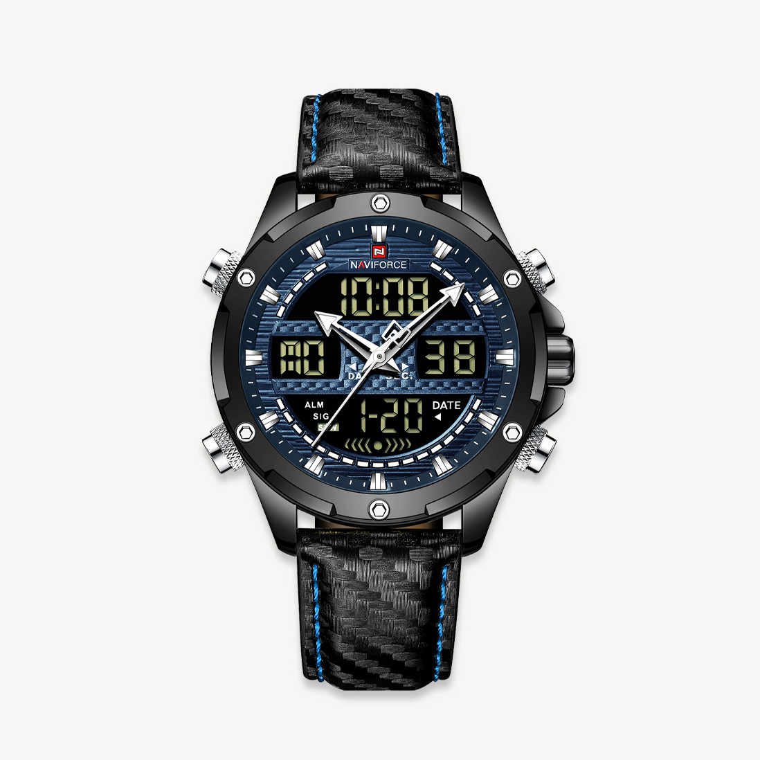 Picture of NAVIFORCE NF9194L Black PU Leather Dual Time Watch For Men - Royal Blue & Black