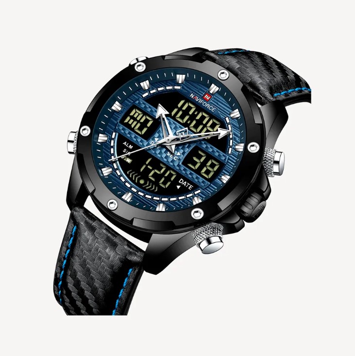 Picture of NAVIFORCE NF9194L Black PU Leather Dual Time Watch For Men - Royal Blue & Black