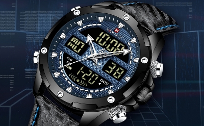 Picture of NAVIFORCE NF9194L Black PU Leather Dual Time Watch For Men - Royal Blue & Black