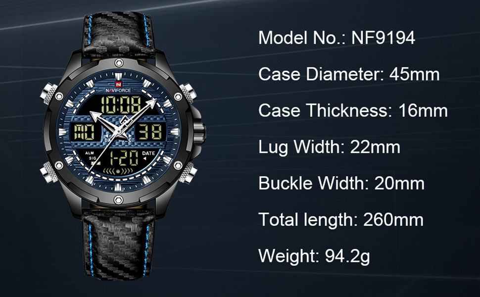 Picture of NAVIFORCE NF9194L Black PU Leather Dual Time Watch For Men - Royal Blue & Black