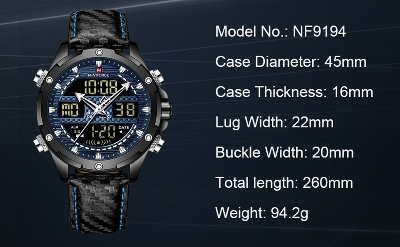 Picture of NAVIFORCE NF9194L Black PU Leather Dual Time Watch For Men - Royal Blue & Black