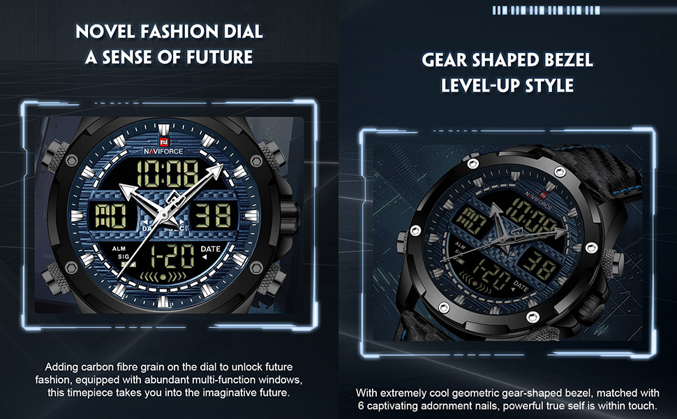 Picture of NAVIFORCE NF9194L Black PU Leather Dual Time Watch For Men - Royal Blue & Black