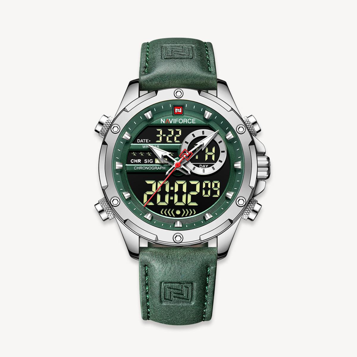 Picture of NAVIFORCE NF9208L Green PU Leather Dual Time Watch For Men - Silver & Green