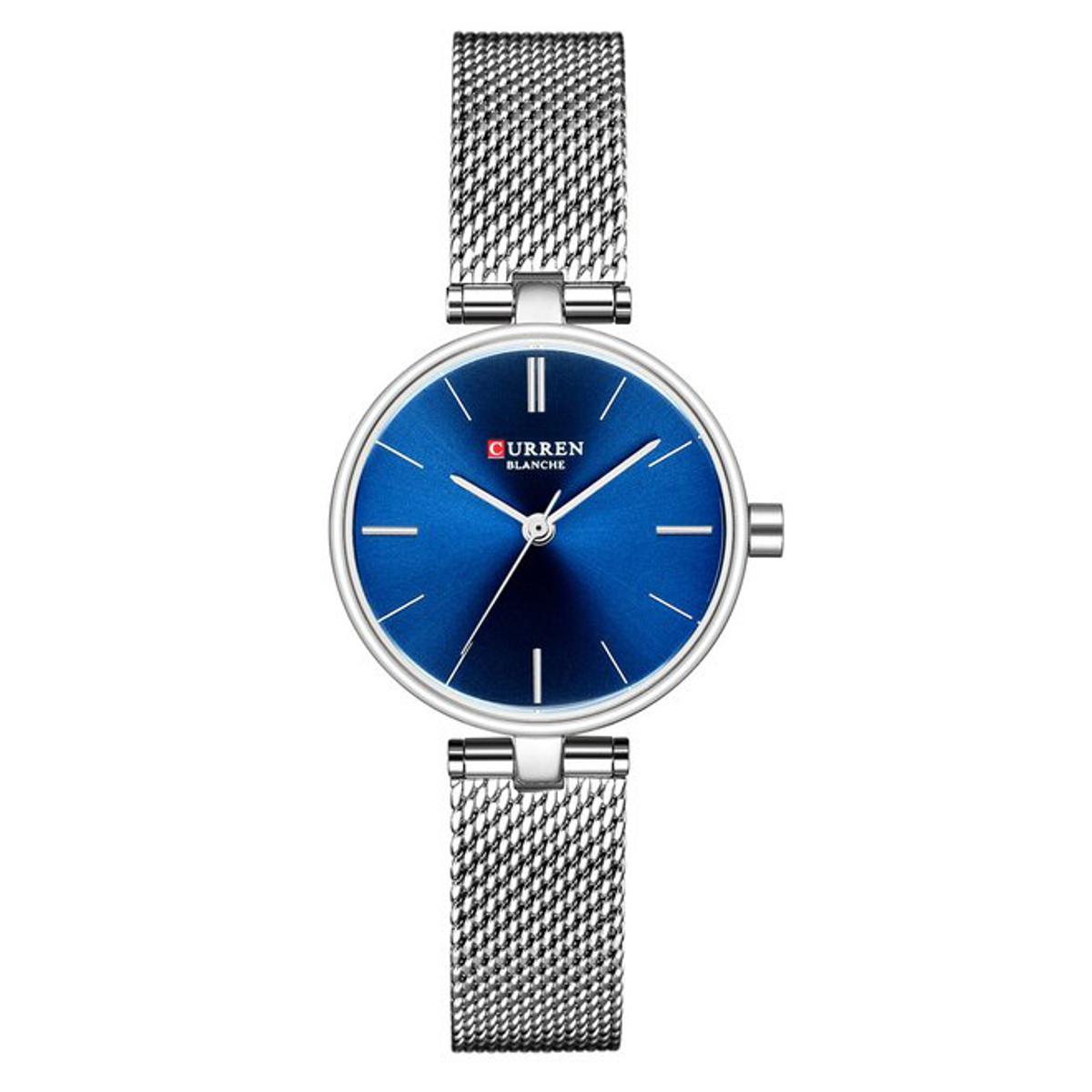 Picture of CURREN 9038 Silver Mesh Stainless Steel Analog Watch For Women - Royal Blue & Silver