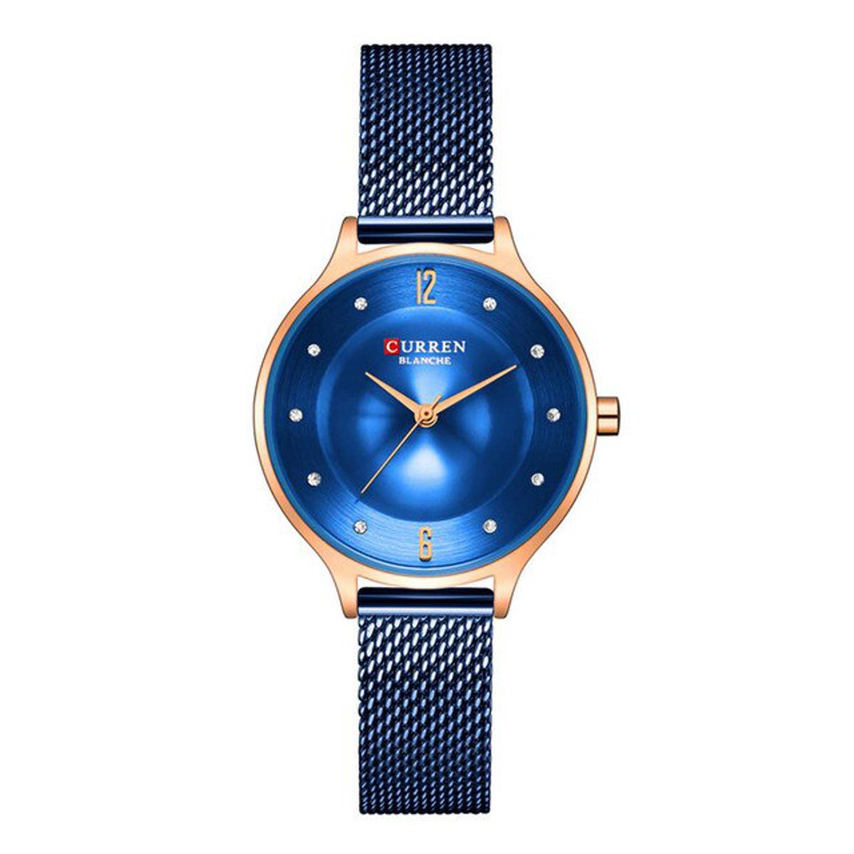 Picture of CURREN 9036 Silver Mesh Stainless Steel Analog Watch For Women - RoseGold & Royal Blue