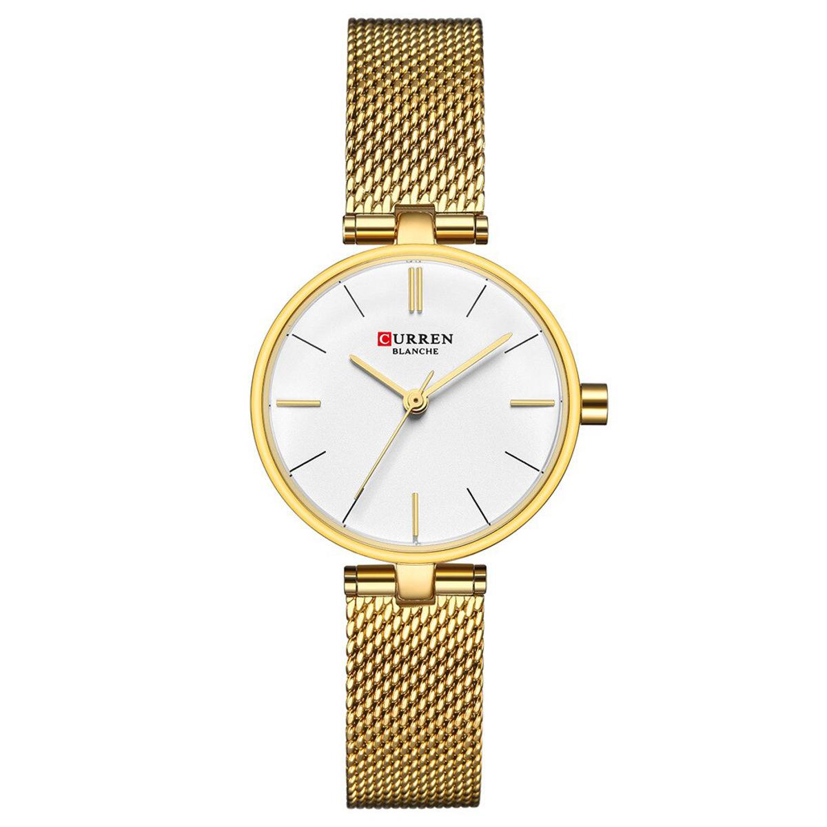 Picture of CURREN 9038 Golden Mesh Stainless Steel Analog Watch For Women - White & Golden