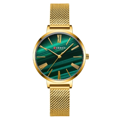 Picture of CURREN 9076S Golden Mesh Stainless Steel Analog Watch For Women - Green & Golden