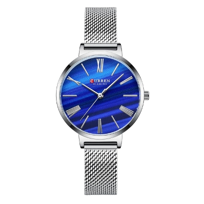 Picture of CURREN 9076L Silver Mesh Stainless Steel Analog Watch For Women - Royal Blue & Silver