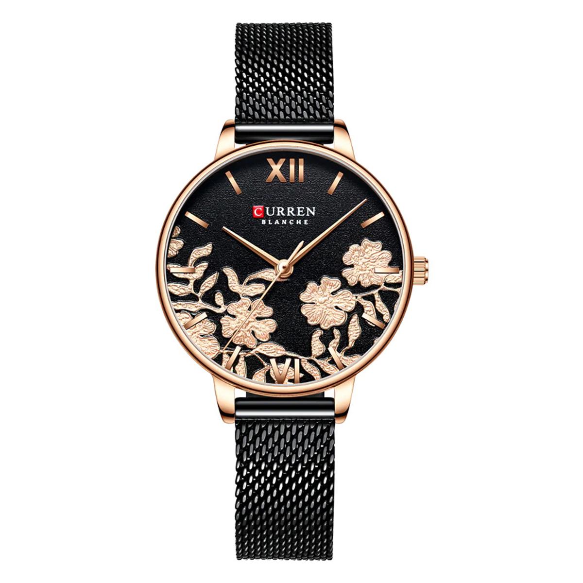 Picture of CURREN 9065 Black Mesh Stainless Steel Analog Watch For Women - RoseGold & Black - Watch For Women