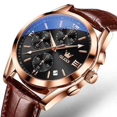 Picture of OLEVS 2872 Chocolate PU Leather Chronograph Watch For Men - Black & RoseGold
