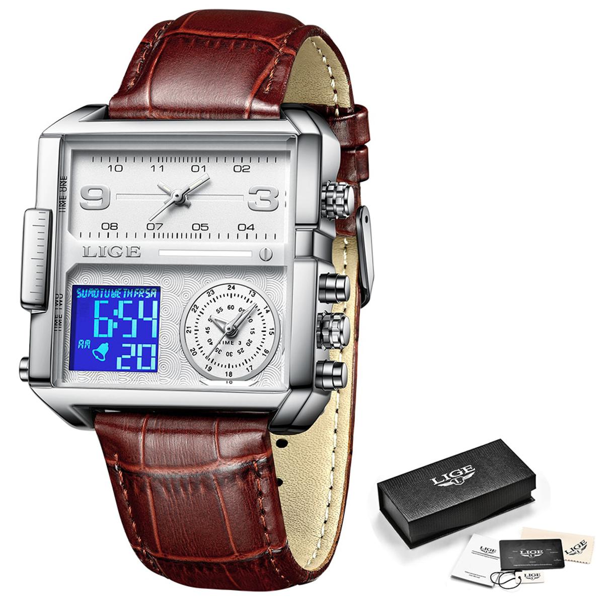 Picture of LIGE 8925 Chocolate PU Leather Dual Time Watch For Men - Silver & Chocolate
