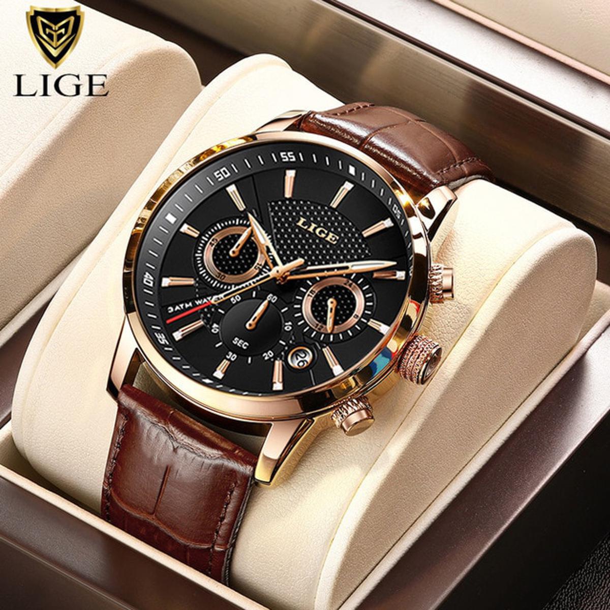 Picture of LIGE 9866 Chocolate PU Leather Chronograph Watch For Men - RoseGold & Chocolate