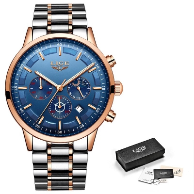 Picture of LIGE 9877 Silver And RoseGold Two-tone Stainless Steel Chronograph Watch For Men - RoseGold & Royal Blue