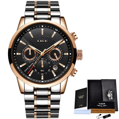 Picture of LIGE 9866 Silver And RoseGold Two-tone Stainless Steel Chronograph Watch For Men - Black & RoseGold