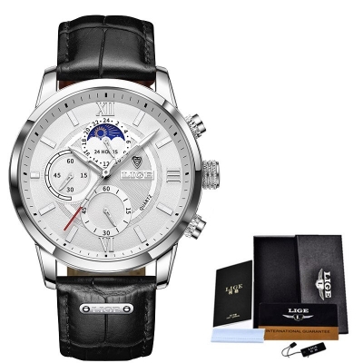 Picture of LIGE 8932 Black PU Leather Chronograph Watch For Men - White & Black