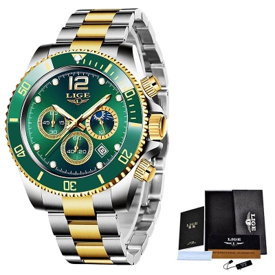 Picture of LIGE 8924 Silver And Golden Two-tone Stainless Steel Chronograph Watch For Men - Green & Golden
