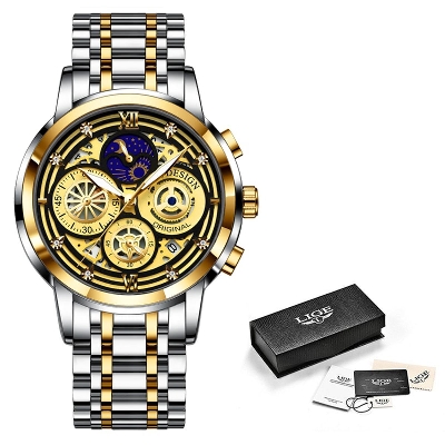 Picture of LIGE 8942 Silver And Golden Two-tone Stainless Steel Chronograph Watch For Men - Black & Golden