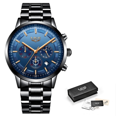 Picture of LIGE 9877 Black Stainless Steel Chronograph Watch For Men - RoseGold & Royal Blue