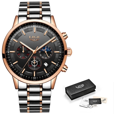 Picture of LIGE 9877 Silver And RoseGold Two-tone Stainless Steel Chronograph Watch For Men - Black & RoseGold