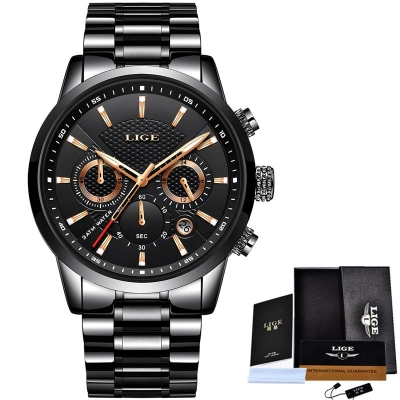 Picture of LIGE 9866 Black Stainless Steel Chronograph Watch For Men - Black