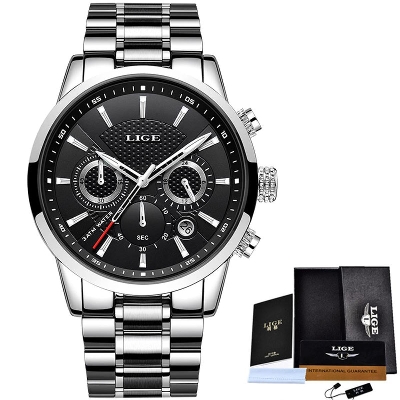 Picture of LIGE 9866 Silver Stainless Steel Chronograph Watch For Men - Black & Silver