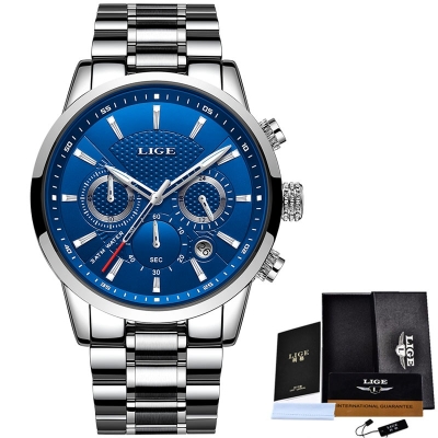 Picture of LIGE 9866 Silver Stainless Steel Chronograph Watch For Men - Royal Blue & Silver