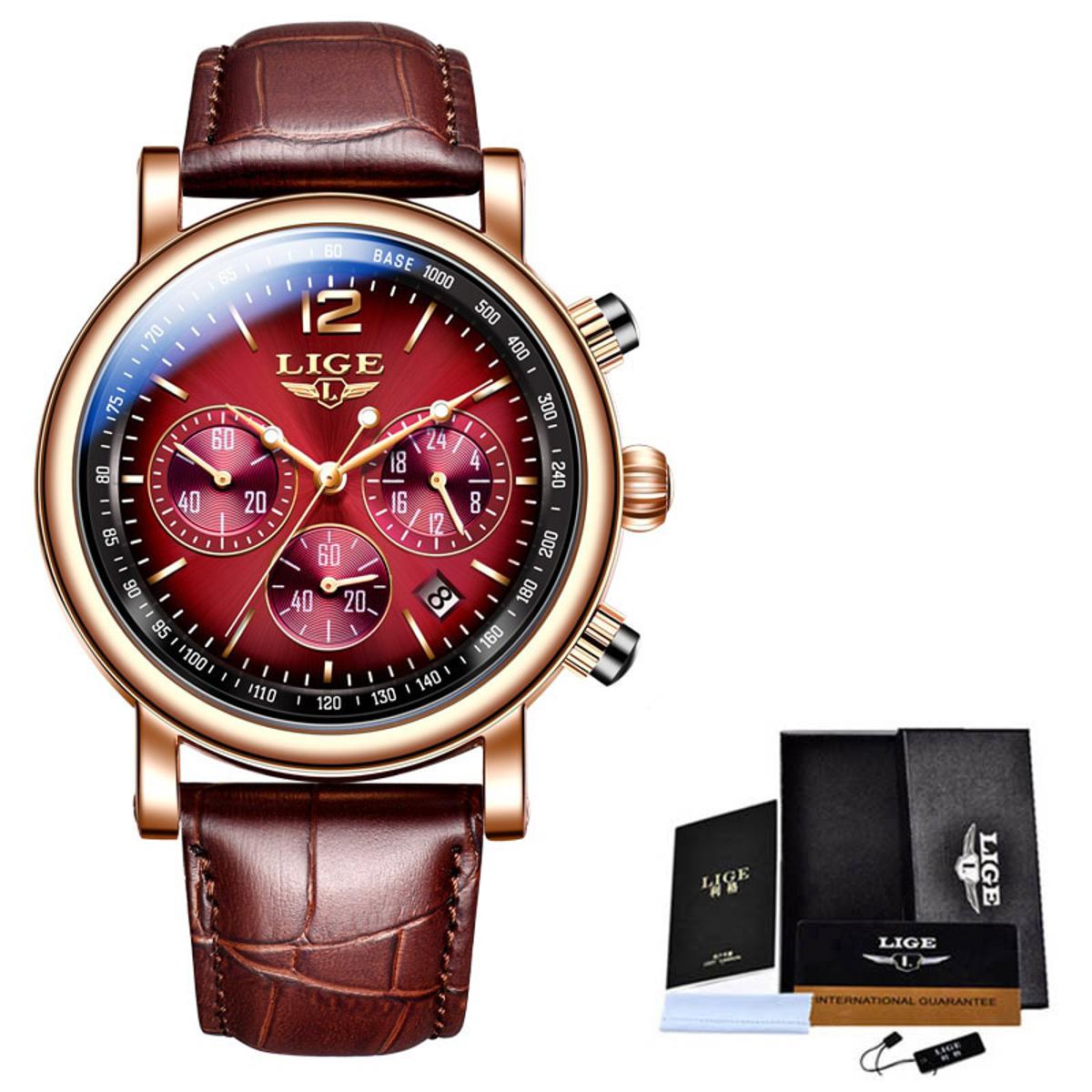 Picture of LIGE 8927 Chocolate PU Leather Chronograph Watch For Men - RoseGold & Chocolate