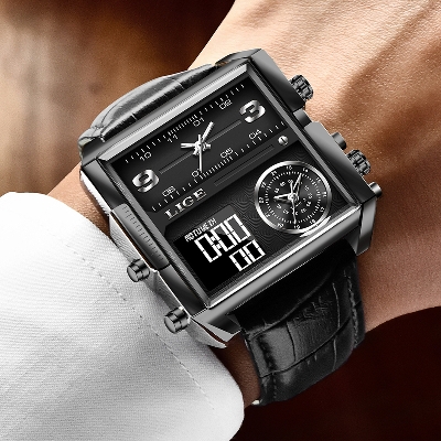 Picture of LIGE 8925 Black PU Leather Dual Time Watch For Men - Black