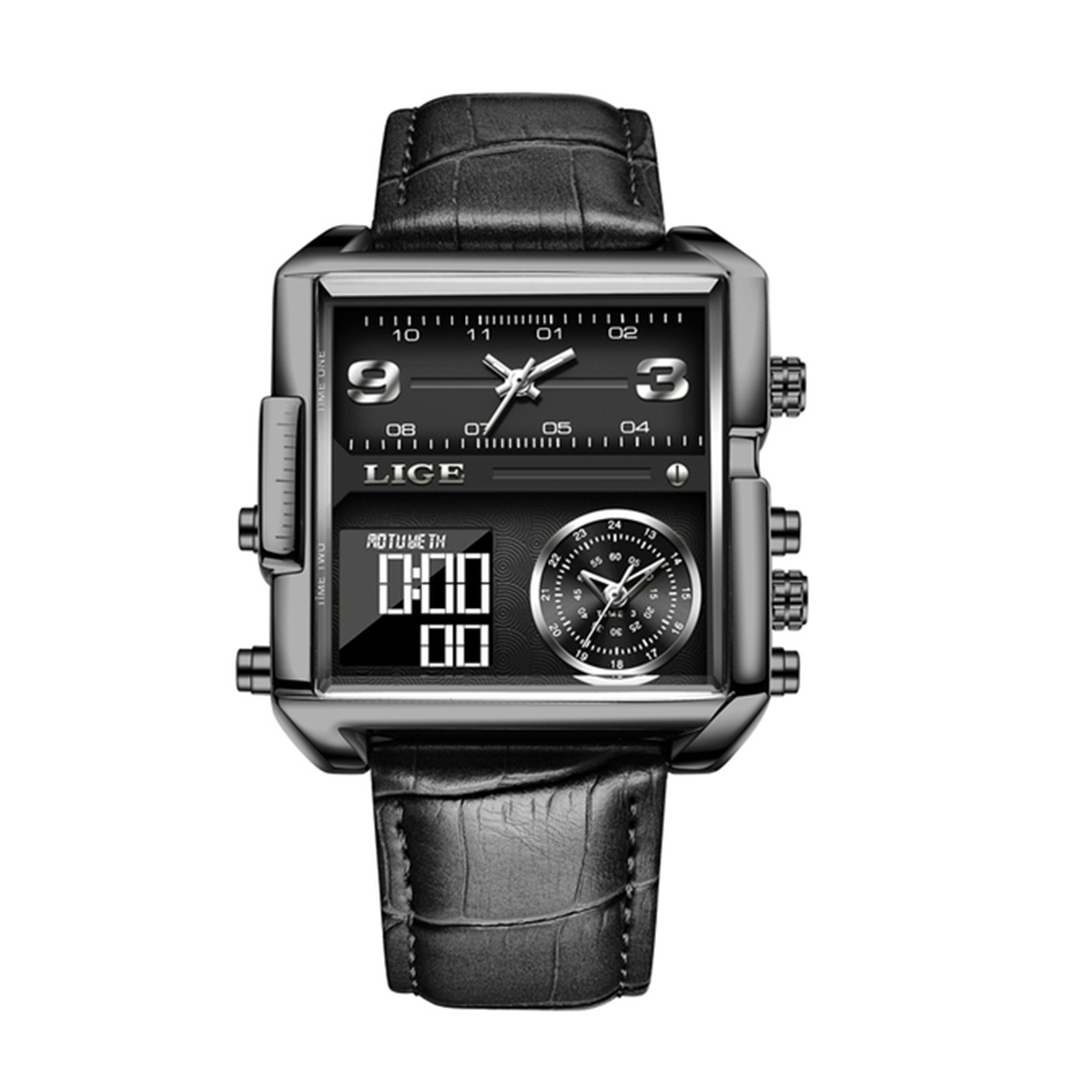 Picture of LIGE 8925 Black PU Leather Dual Time Watch For Men - Black
