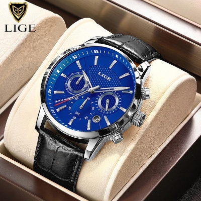 Picture of LIGE 9866 Black PU Leather Chronograph Watch For Men - Royal Blue & Black