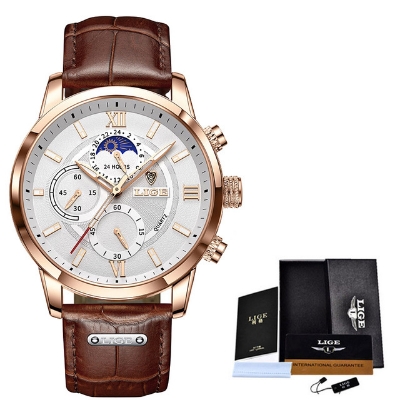 Picture of LIGE 8932 Chocolate PU Leather Chronograph Watch For Men - White & Chocolate