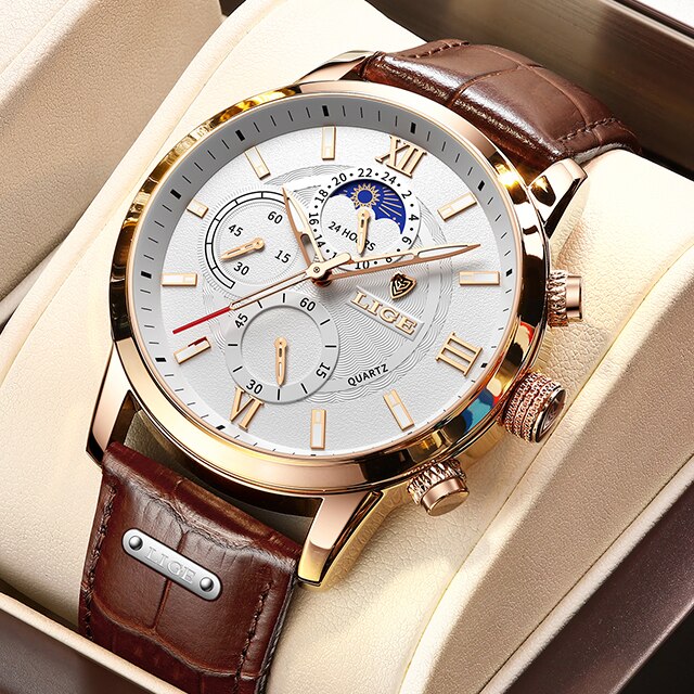 Picture of LIGE 8932 Chocolate PU Leather Chronograph Watch For Men - White & Chocolate