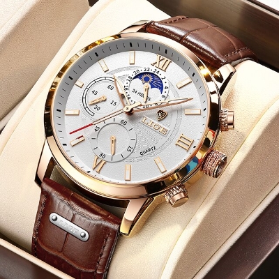 Picture of LIGE 8932 Chocolate PU Leather Chronograph Watch For Men - White & Chocolate