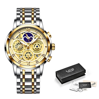 Picture of LIGE 8942 Silver And Golden Two-tone Stainless Steel Chronograph Watch For Men - White & Golden