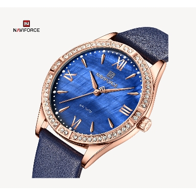 Picture of NAVIFORCE NF5038 Navy Blue PU Leather Analog Watch For Women - RoseGold & Navy Blue