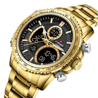 Picture of NAVIFORCE NF9182 Golden Stainless Steel Dual Time Wrist Watch For Men - Black & Golden