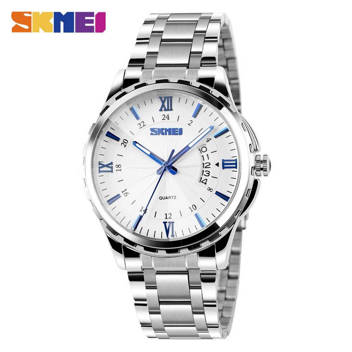 Picture of SKMEI 9069 Silver Stainless Steel Analog Watch For Men - Royal Blue & Silver - 320567158
