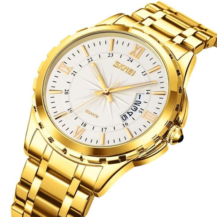 Picture of SKMEI 9069 Golden Stainless Steel Analog Watch For Men - White & Golden