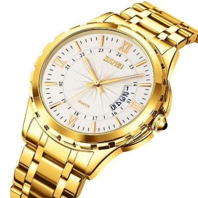 Picture of SKMEI 9069 Golden Stainless Steel Analog Watch For Men - White & Golden