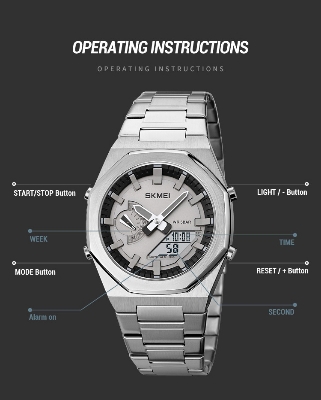 Picture of SKMEI 1816 Silver Stainless Steel Dual Time Watch For Men - Silver (White)