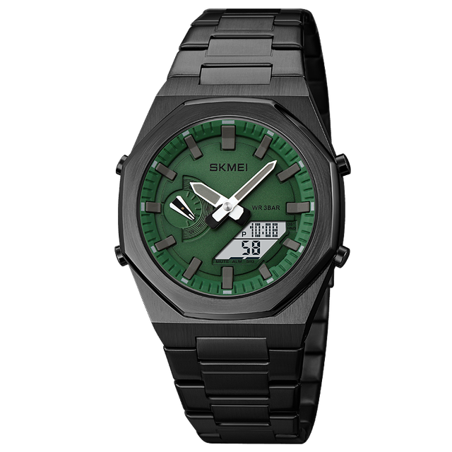 Picture of SKMEI 1816 Black Stainless Steel Dual Time Watch For Men - Green & Black (White)