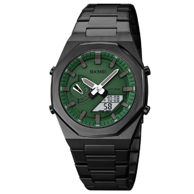 Picture of SKMEI 1816 Black Stainless Steel Dual Time Watch For Men - Green & Black (White)